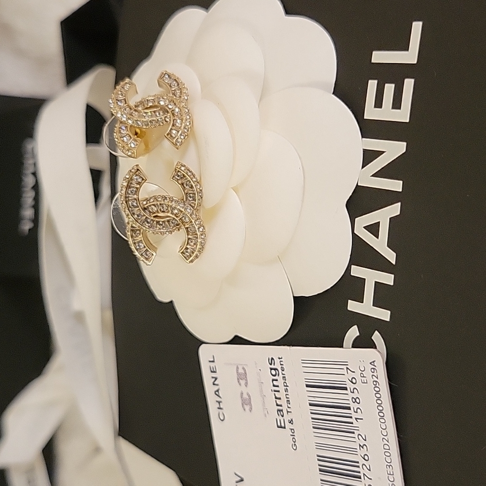 Chanel Gold & Crystal transparent CC Logo Earrings - Brand New with tag